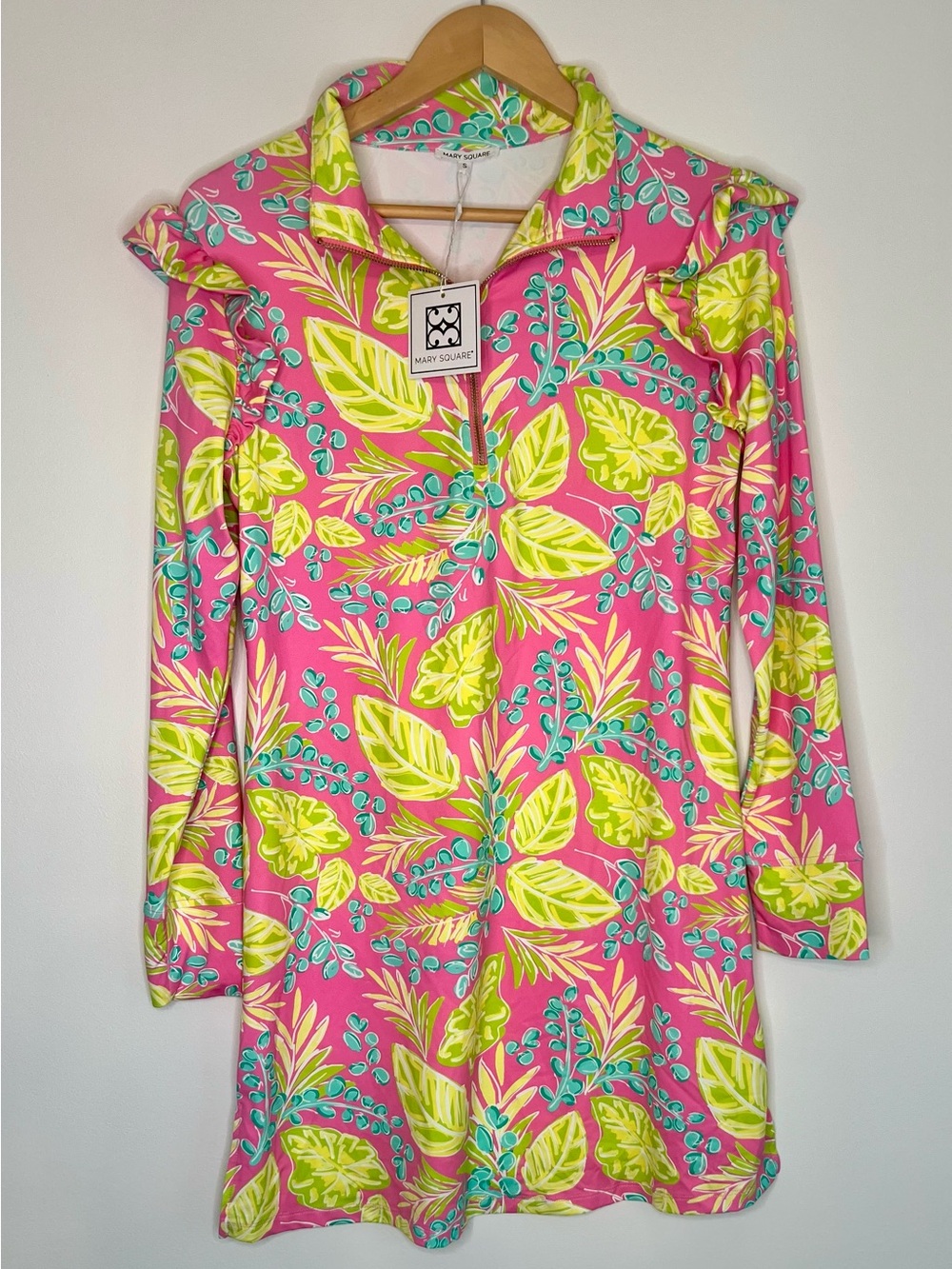 NWT - Mary Square Pink Green Tropical Leaf Ruffle Quarter-Zip Dress Size Small